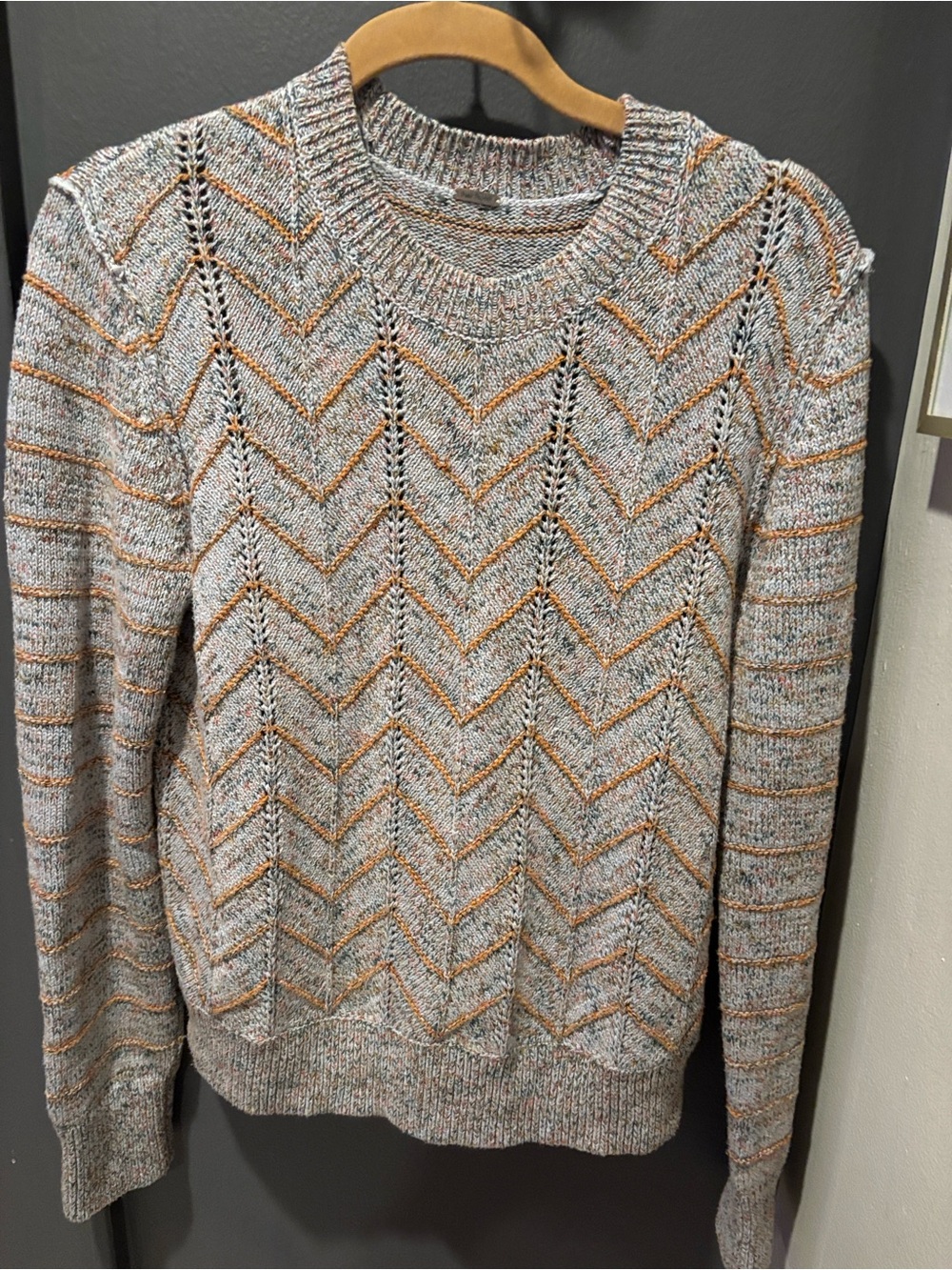 Free People Gray Crewneck Sweater with Orange Chevron Accents